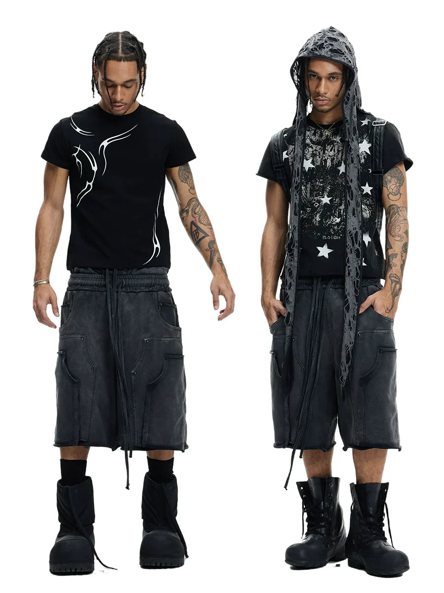 Deconstructed Double Waist Washed Wide Leg Half Sweatpants