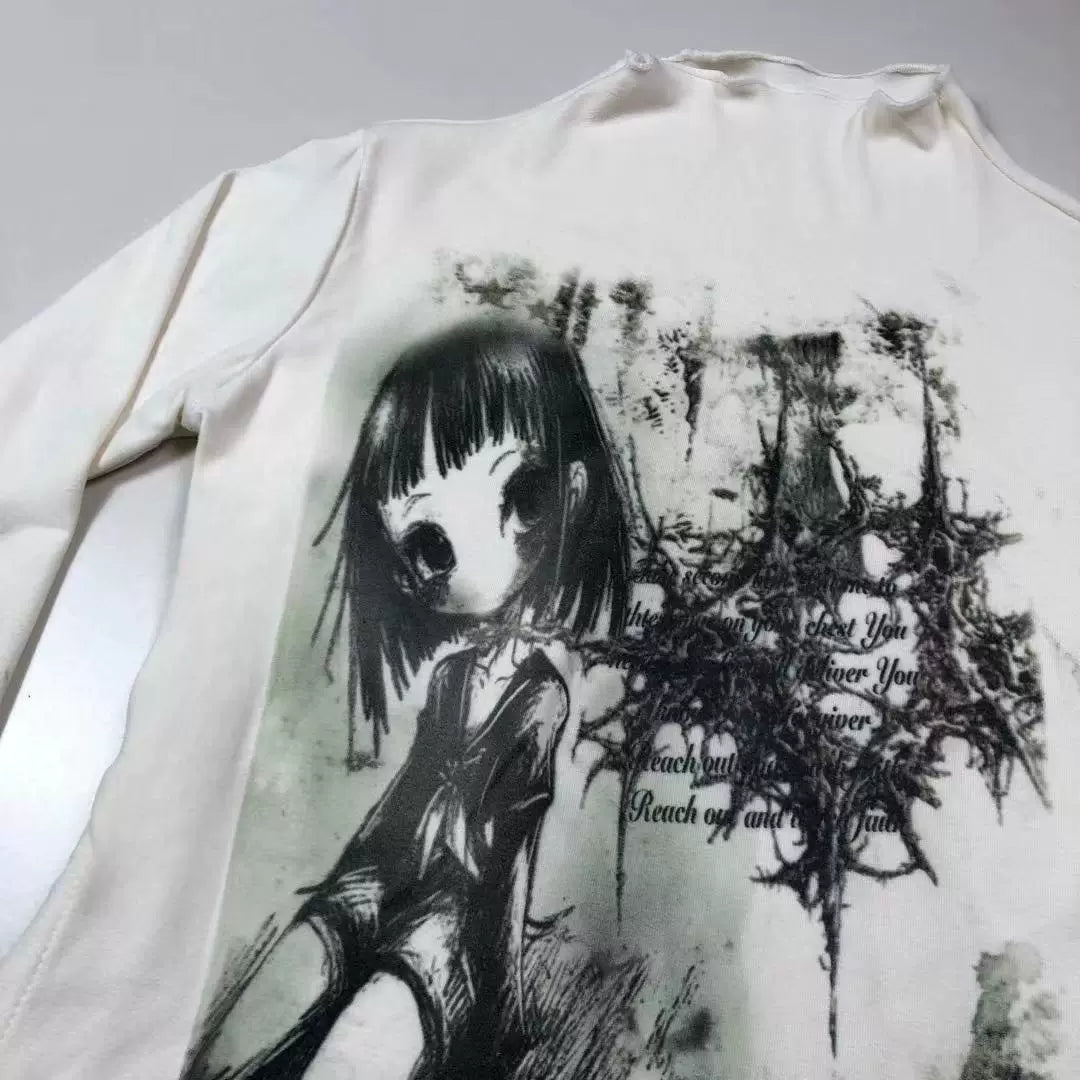 Gothic Emo Girl Fake Layered Lace-Trim Long Sleeve T-Shirt