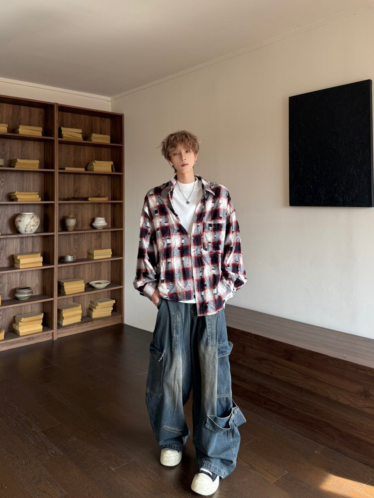 Camicia oversize a maniche lunghe con bottoni sul davanti e motivo a quadri Damage