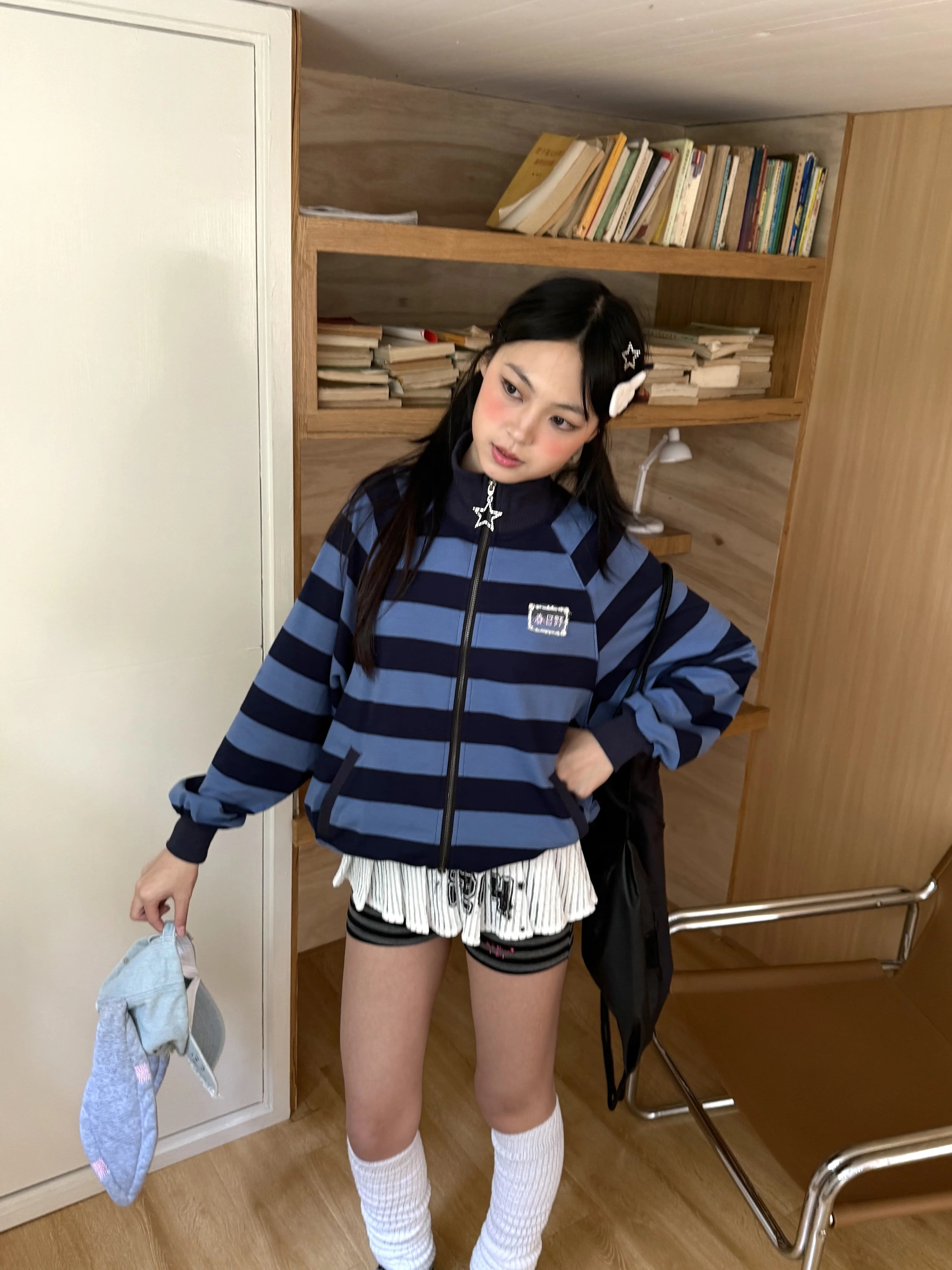Striped Oversize Stand Collar Zipper Jacket