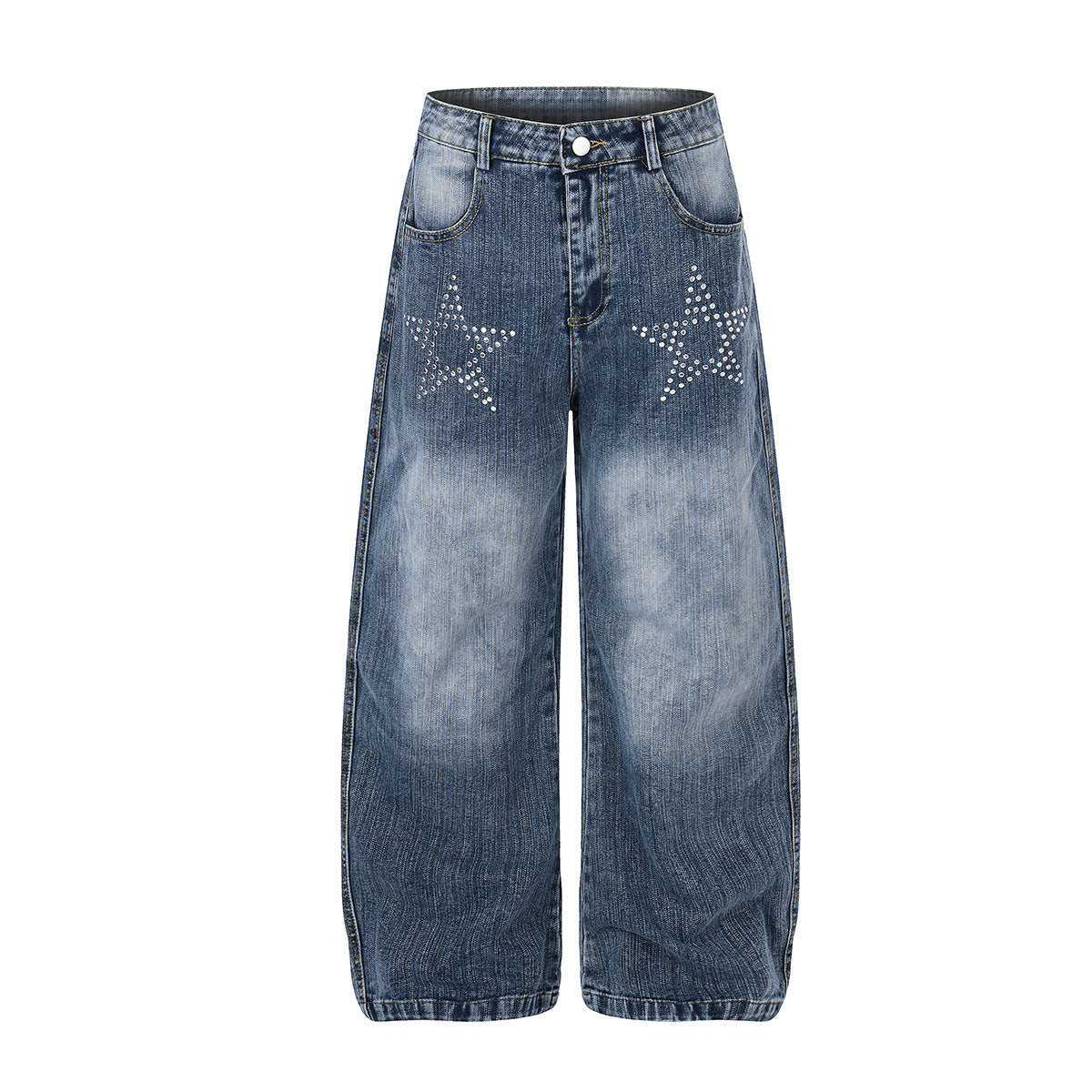 Washed Star Rhinestone Wide Leg Denim Jeans