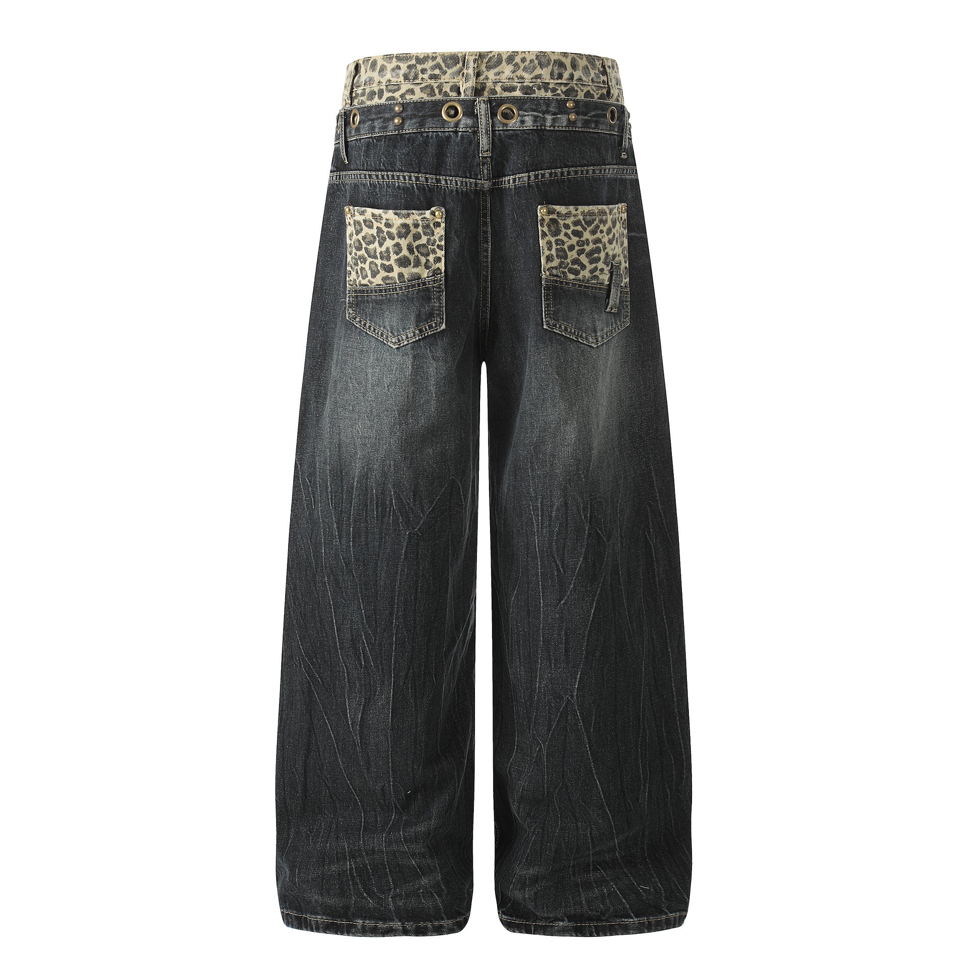 Leopard Waistband Washed Whisker Wide Leg Denim Jeans