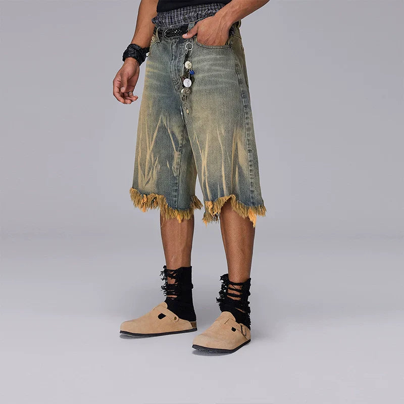 Washed Mud Dye Brush Finish Wide Leg Denim Short
