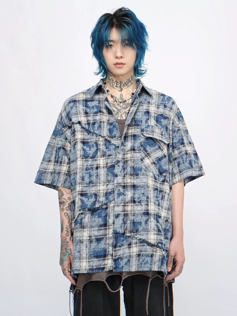 Tie Dye Plaid Raw-edge Short Sleeve Shirt