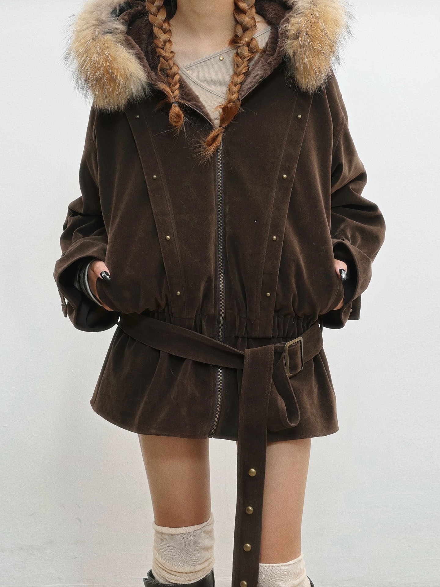 French Inspired Fleece Fake Rabbit Fur Lining Jacket