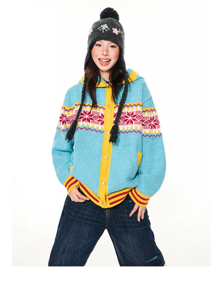 Contrast Pattern Hooded Knit Cardigan