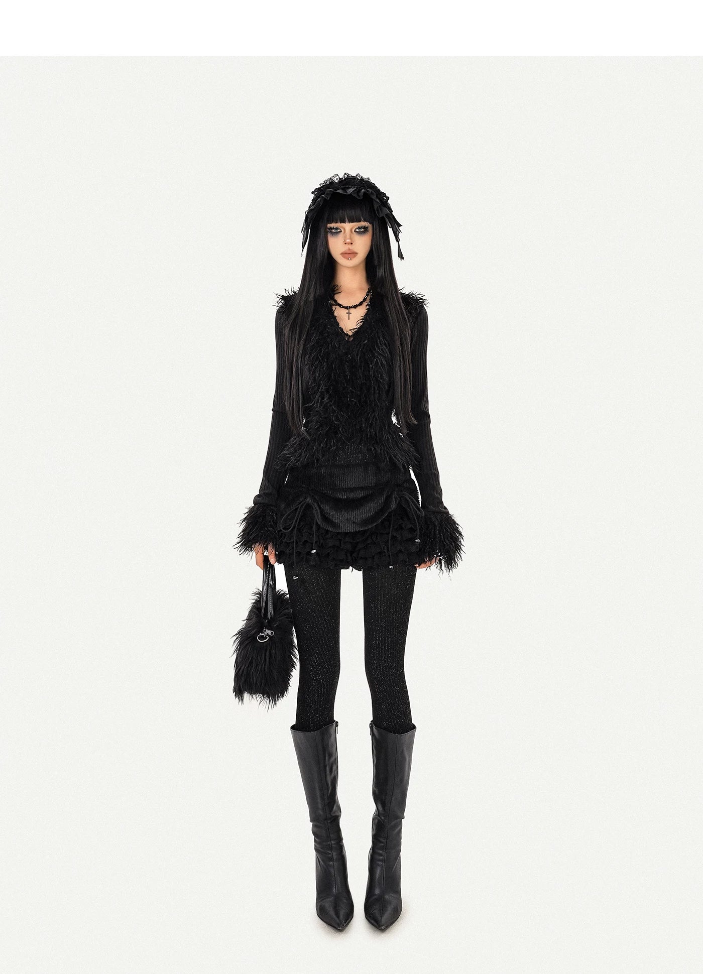 Fur Decor V-Neck Tie Knit Cardigan
