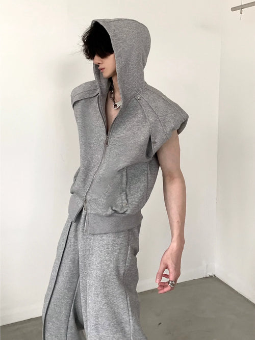 Veste sans manches à capuche avec épaulettes et fermeture éclair et jogging décontracté (ensemble) - gris / M / haut