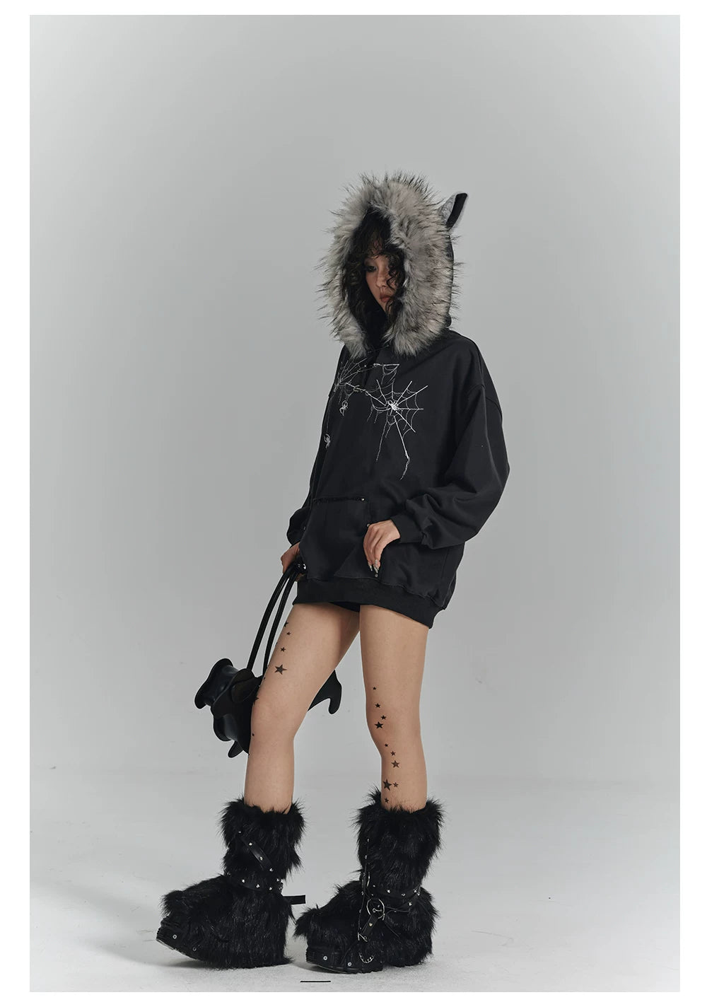 Spider Web Print Fur Collar Cat Ear Oversize Zipper Hoodie