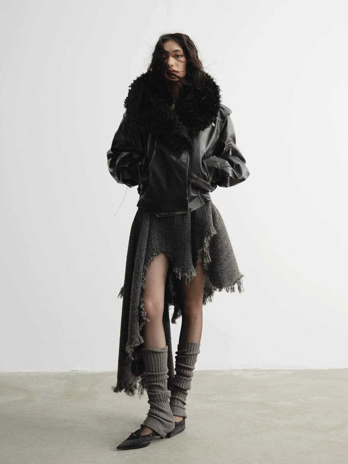Big Hairy Collar PU Leather Jacket