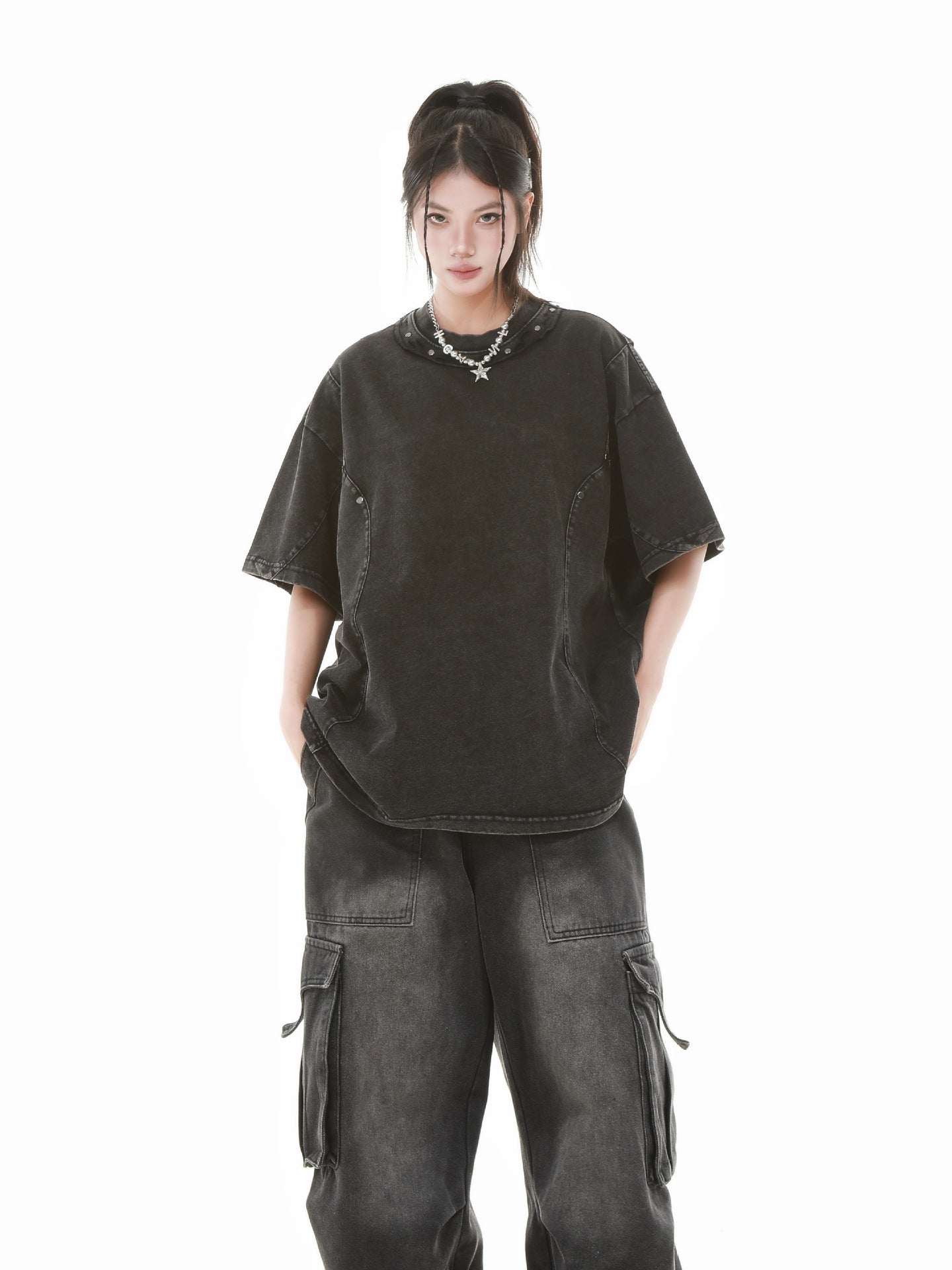Heavy Washed Fade Stitching Short Sleeve T-Shirt