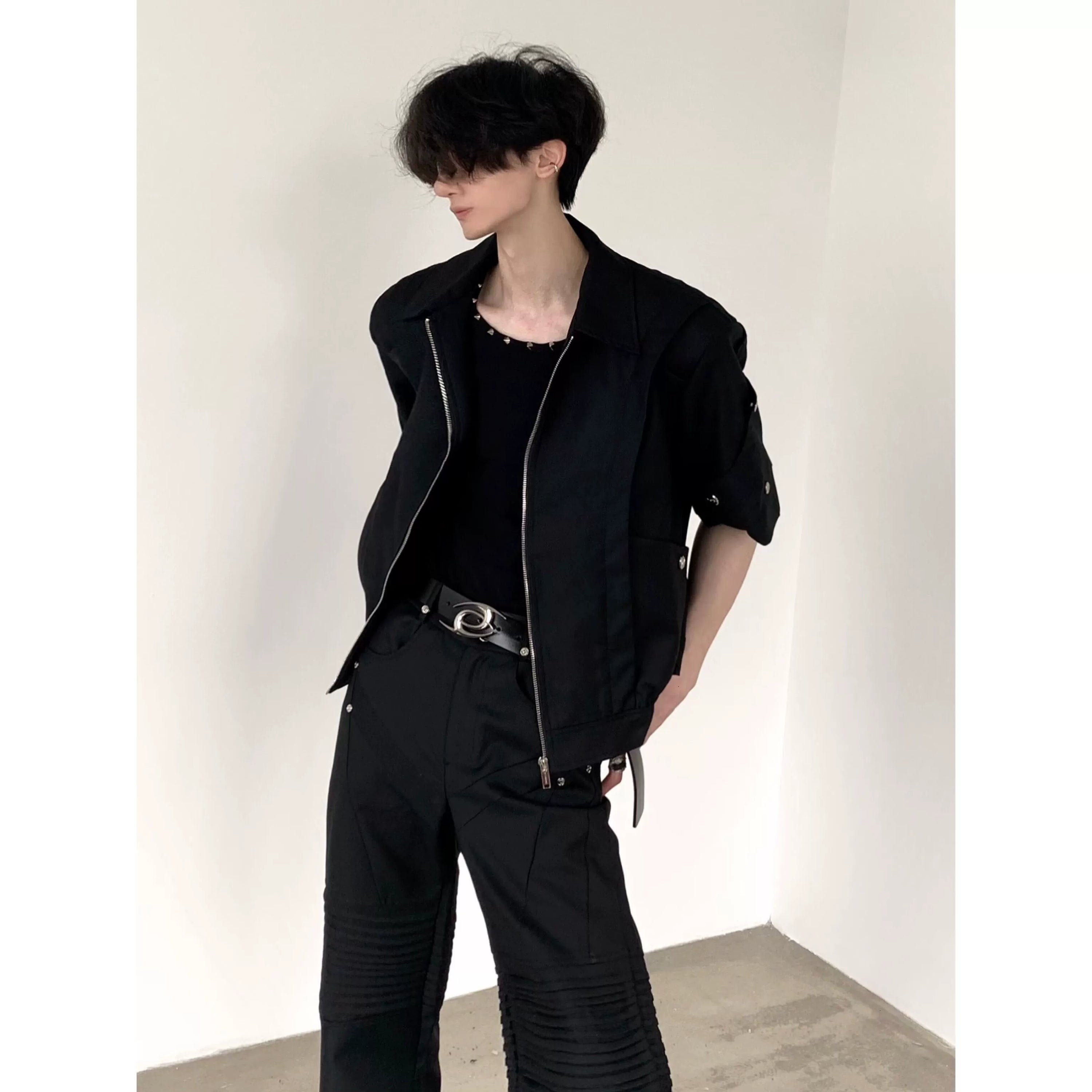 Stand Neck Short Sleeve Zipper Shoulder Pad Jacket