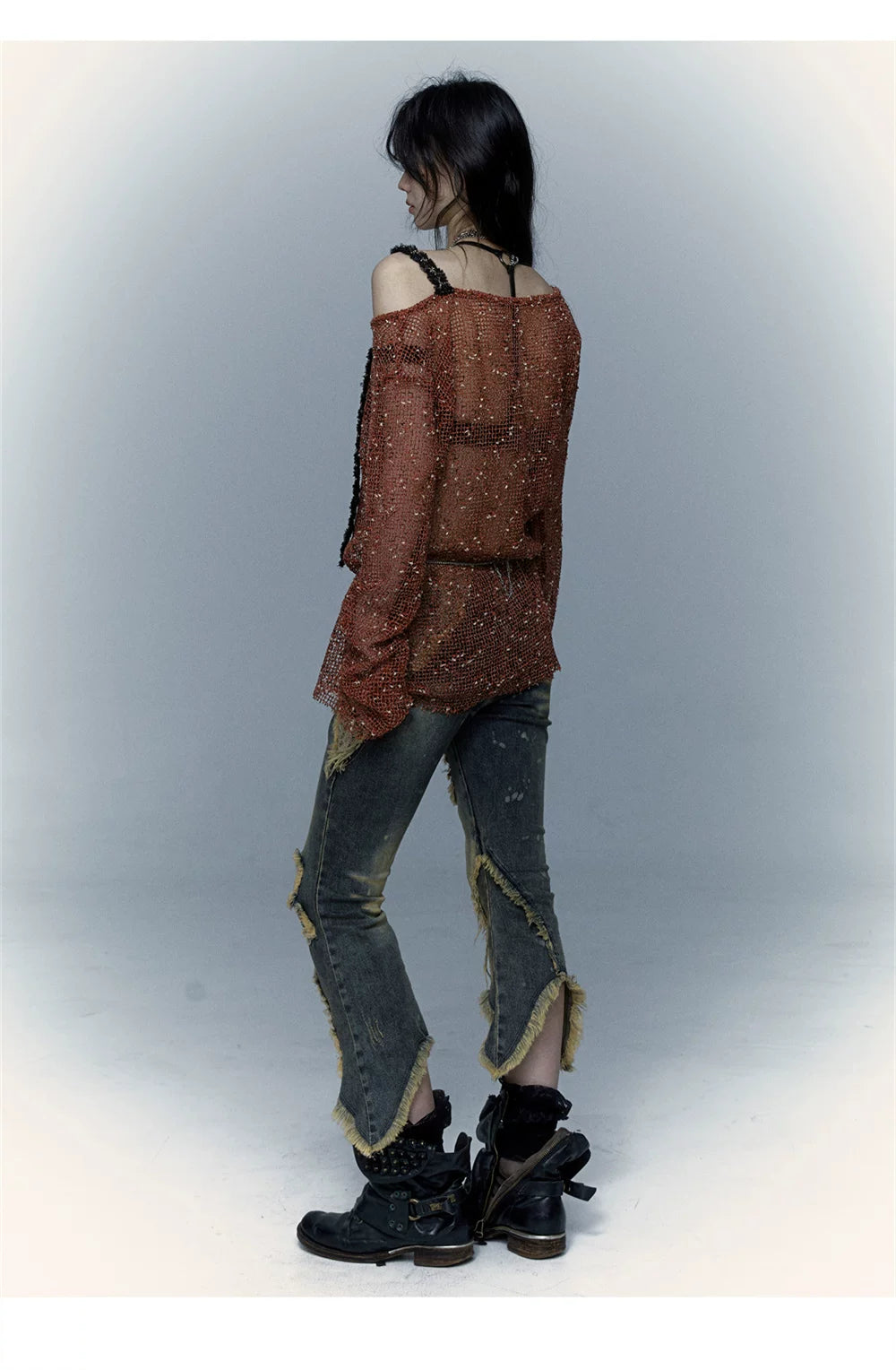 Damage Asymmetric Flare Denim Jeans