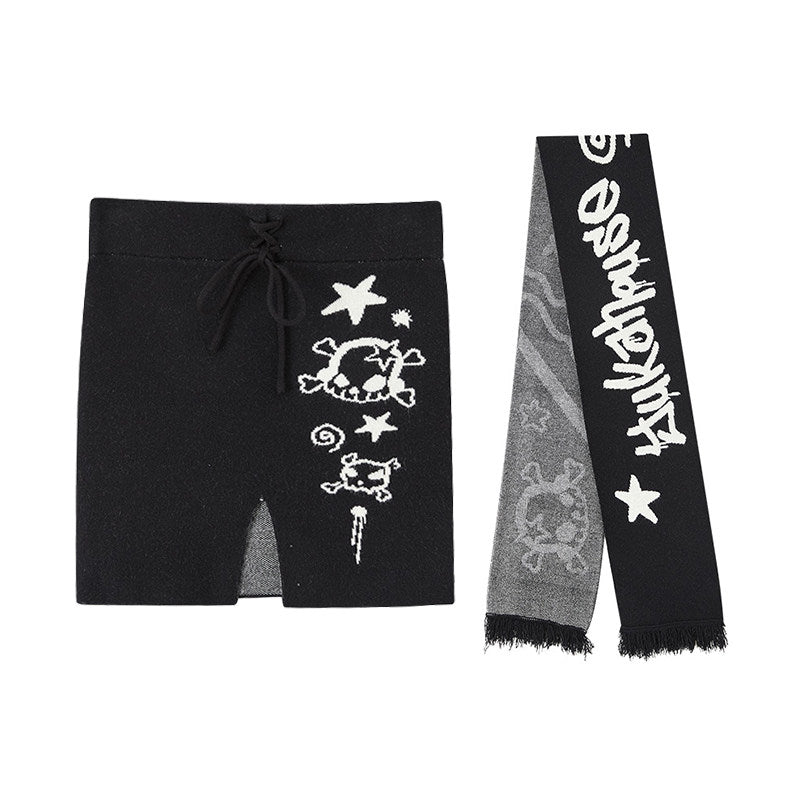 Graphic Print Off-Shoulder Top & Letter Print Scarf