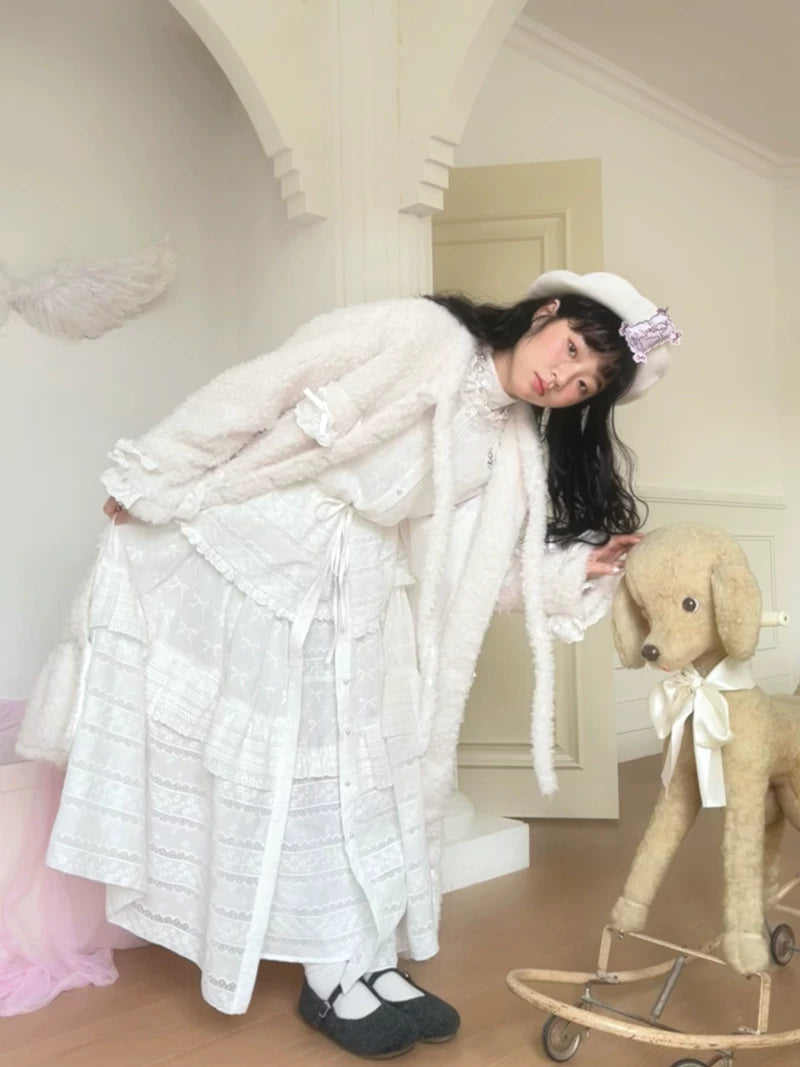 Plush Bow Ruffle Long Coat