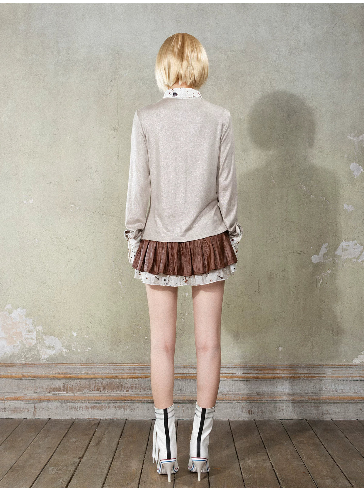 V-Neck Fake Layered Patchwork Long Sleeve Shirt
