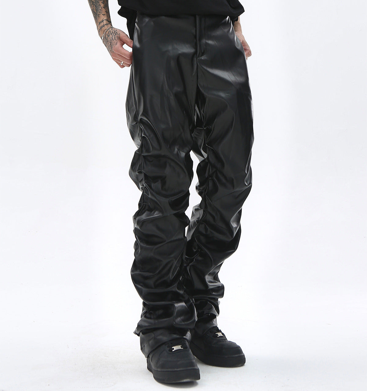 PU Leather Pleats Straight Pants