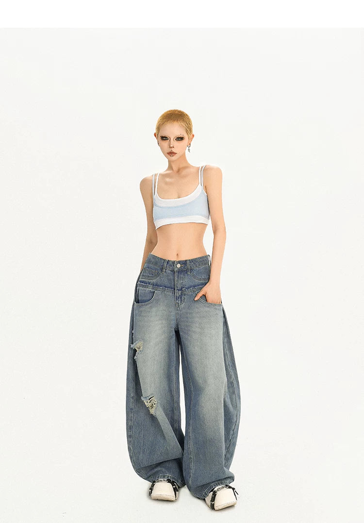 Damage Embroidery Wash Wide Leg Denim Jeans