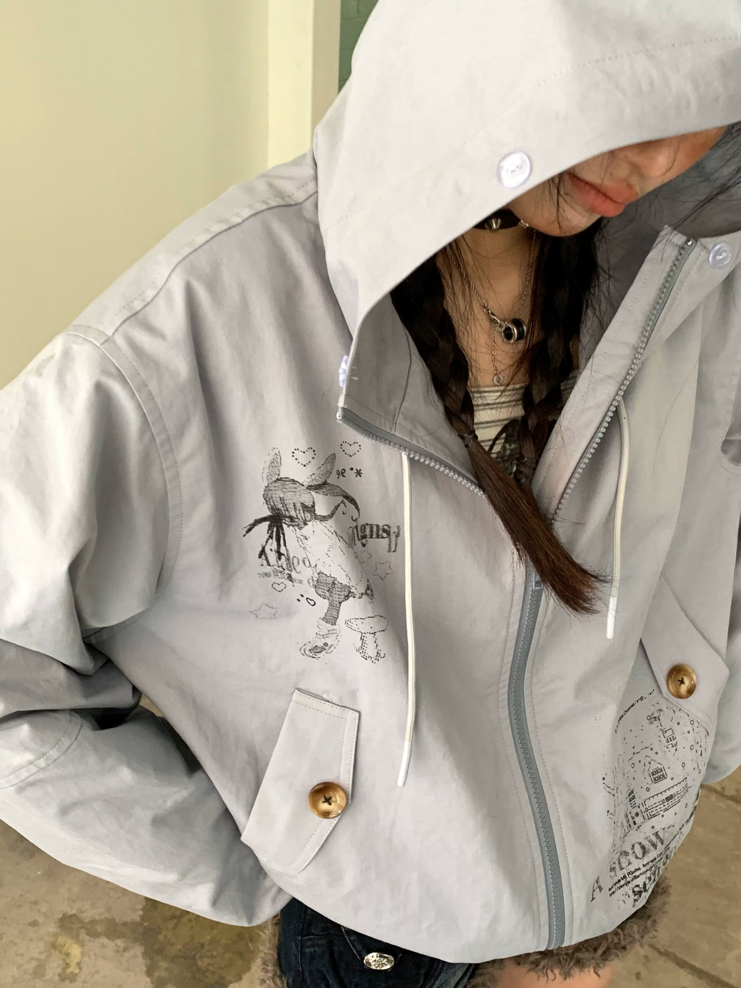 Fake Fur Trim Graphic Print Oversize Hooded Jacket