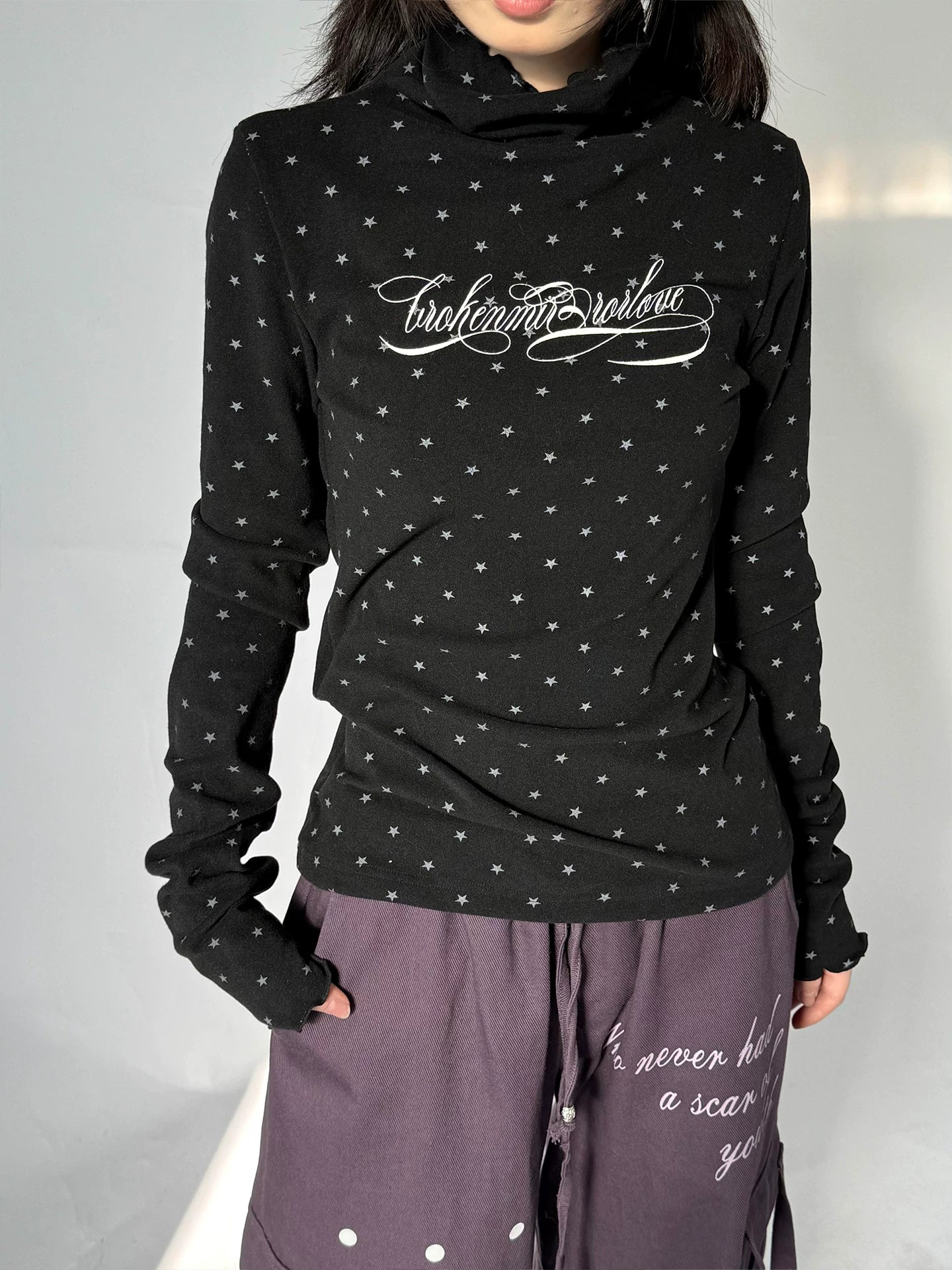 Polka Dot Print High-Neck Long Sleeve T-Shirt