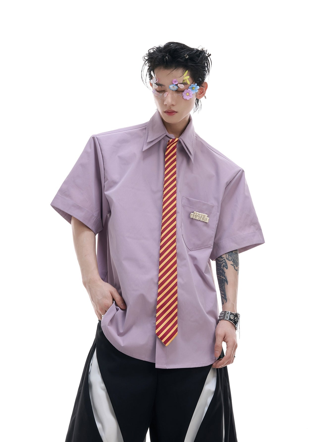 Double Collar Design Tie & Collared Short Sleeve Shirt