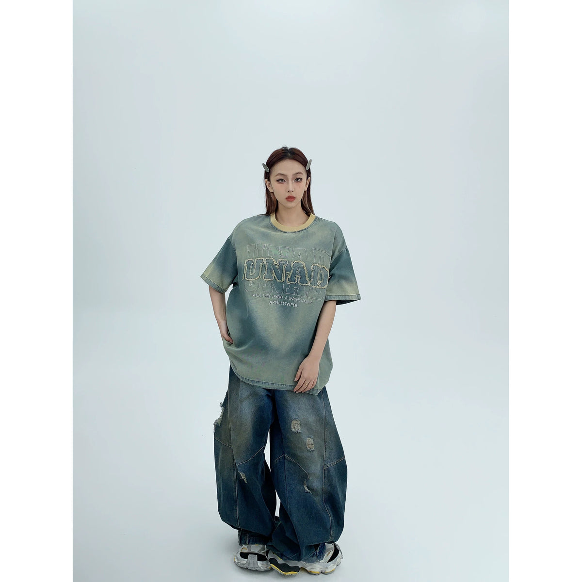 Patch Embroidery Oversized Denim Short Sleeve T-Shirt