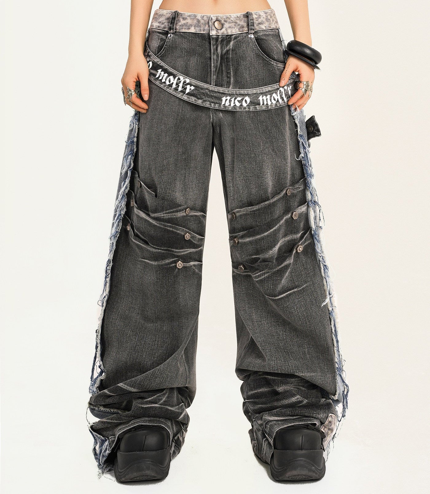 Damage Wash Raw Hem Wide Leg Denim Jeans