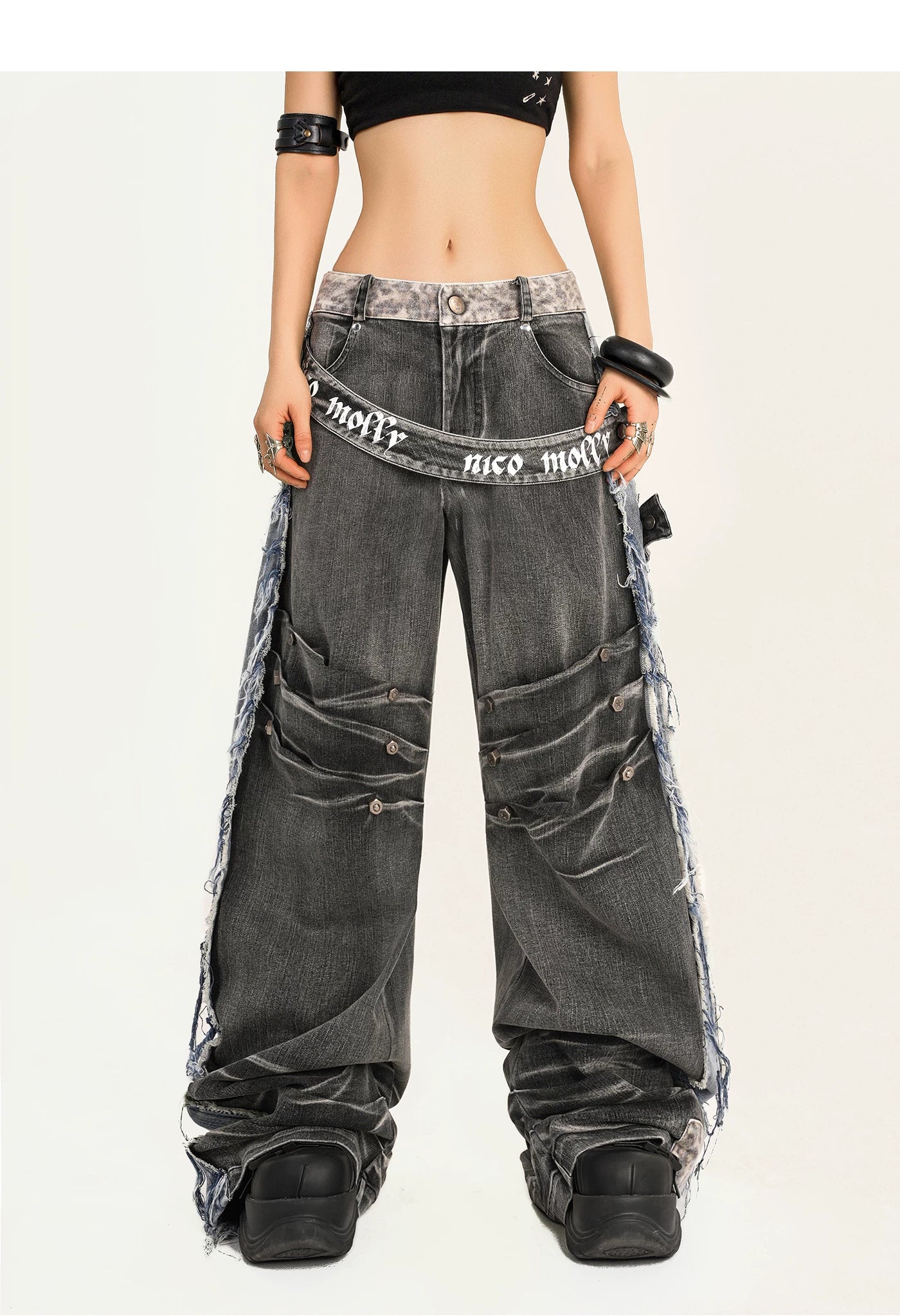 Damage Wash Raw Hem Wide Leg Denim Jeans