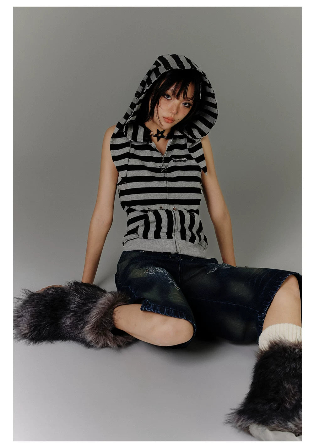 Stripe Zipper Hooded Sleeveless T-Shirt