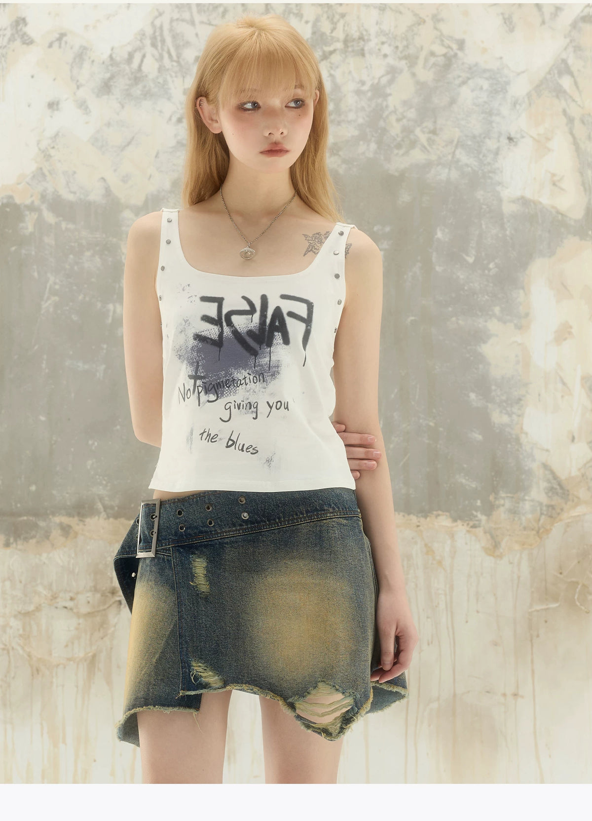 Washed Asymmetrical Adjustable Denim Short Skirt