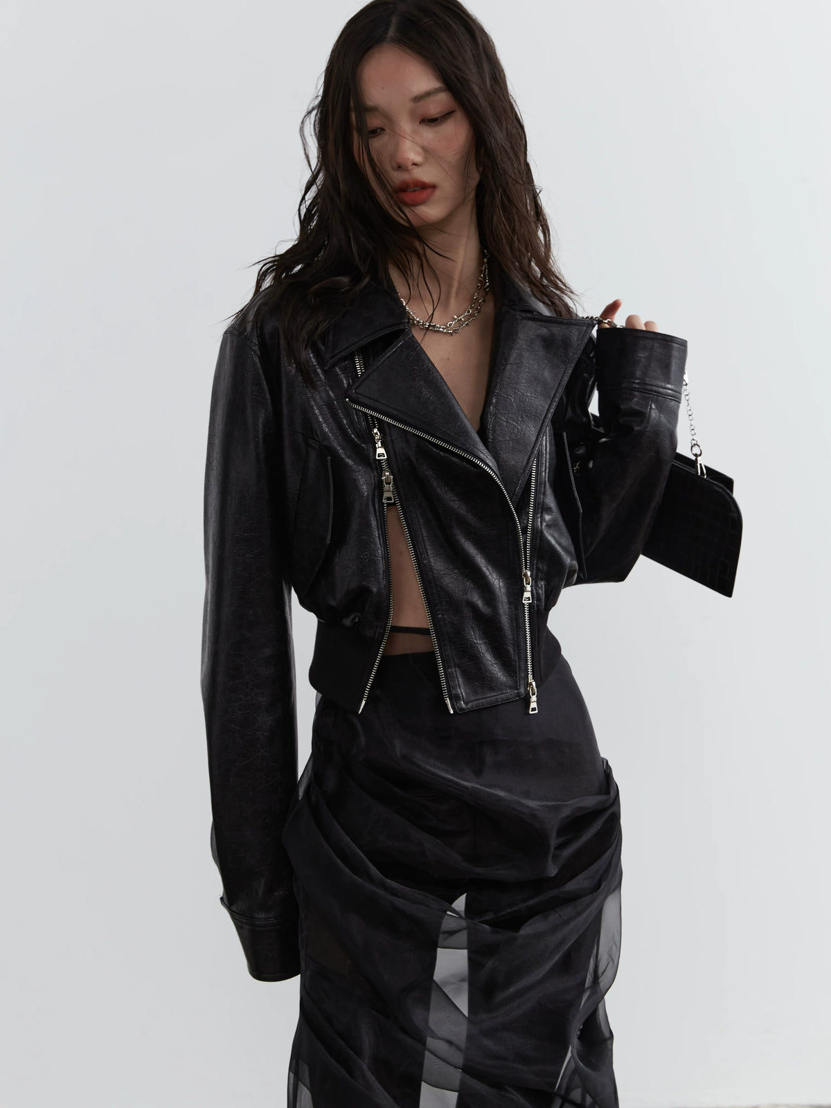 Zipper Decoration PU Leather Short Jacket