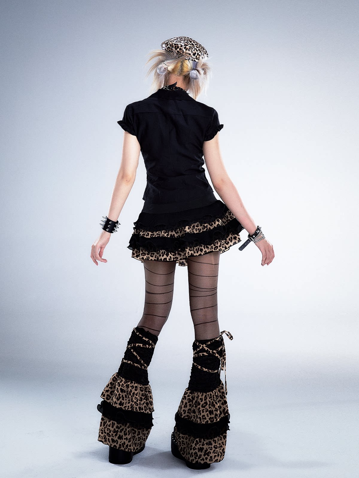 Leopard Patchwork Belted Tiered A-Line Skirt