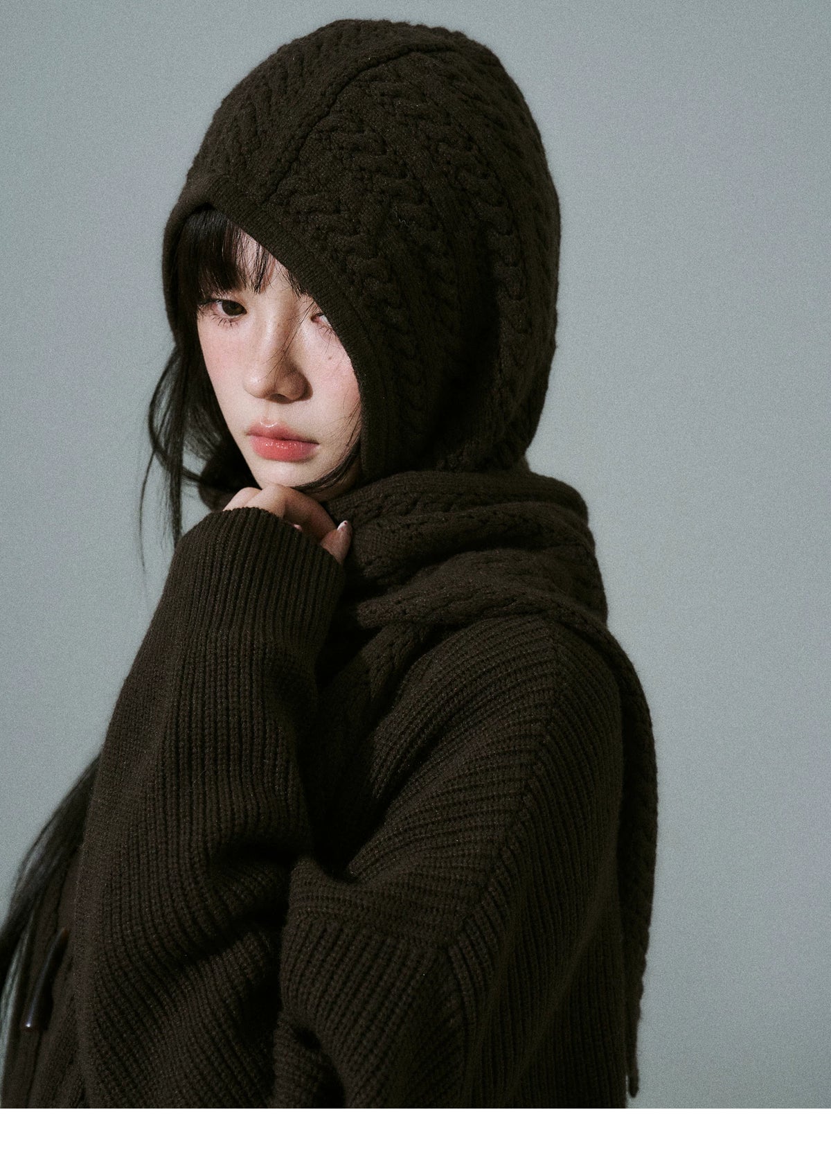 Hooded Horn Button Fleece Lining Knit Cardigan