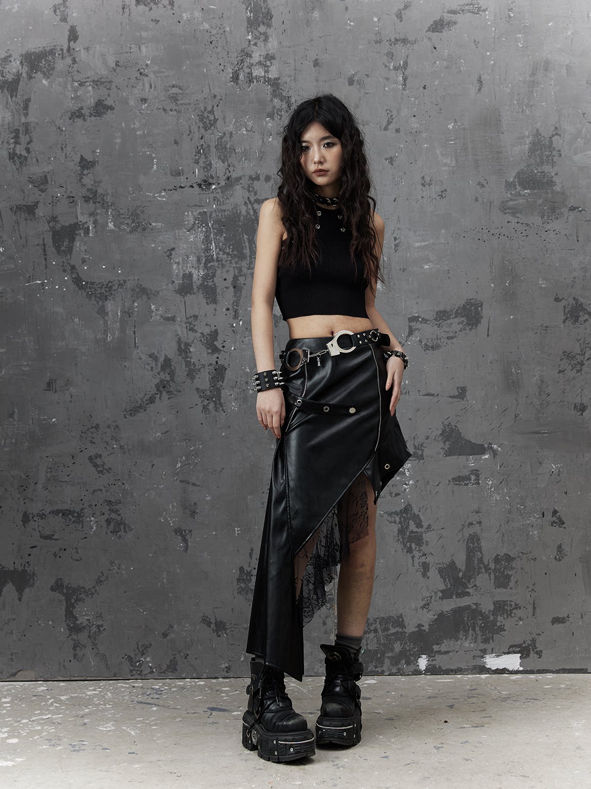 Asymmetric PU Leather Mesh Patchwork Skirt