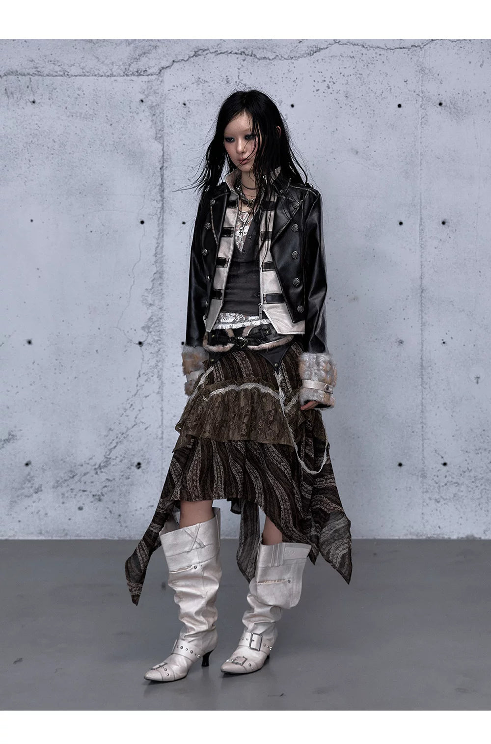 Standing-Collar Belt Detail Fake Fur Cuff PU Leather Jacket