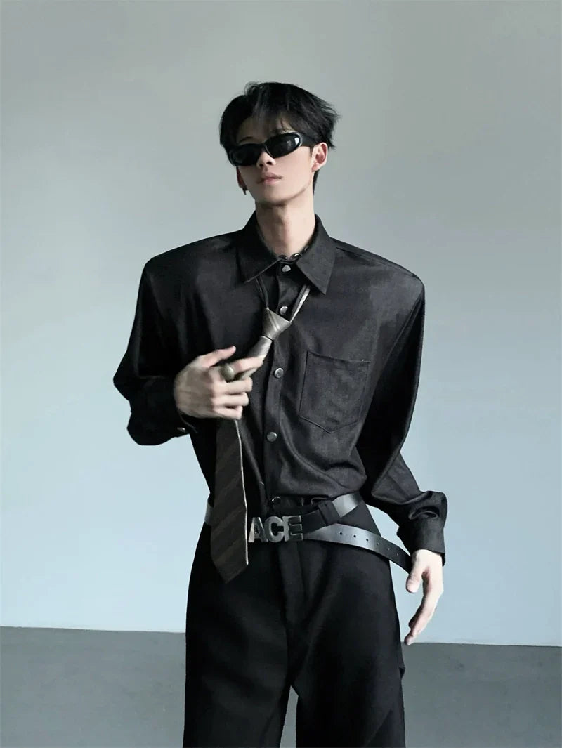 Studs Button Design Shoulder-Pad Long Sleeve Shirt