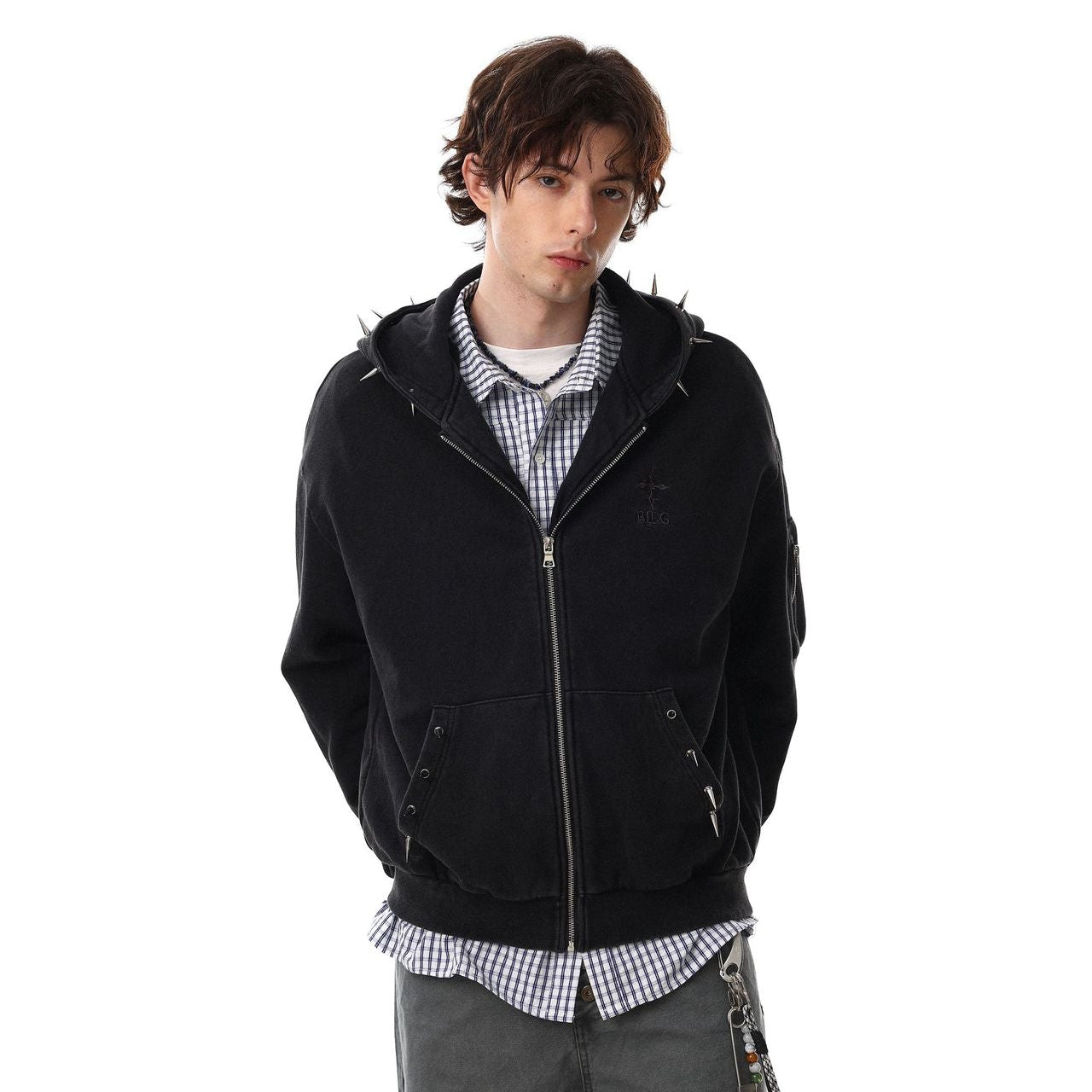 Heavyweight Rivet Washed Damage Zipper Hoodie