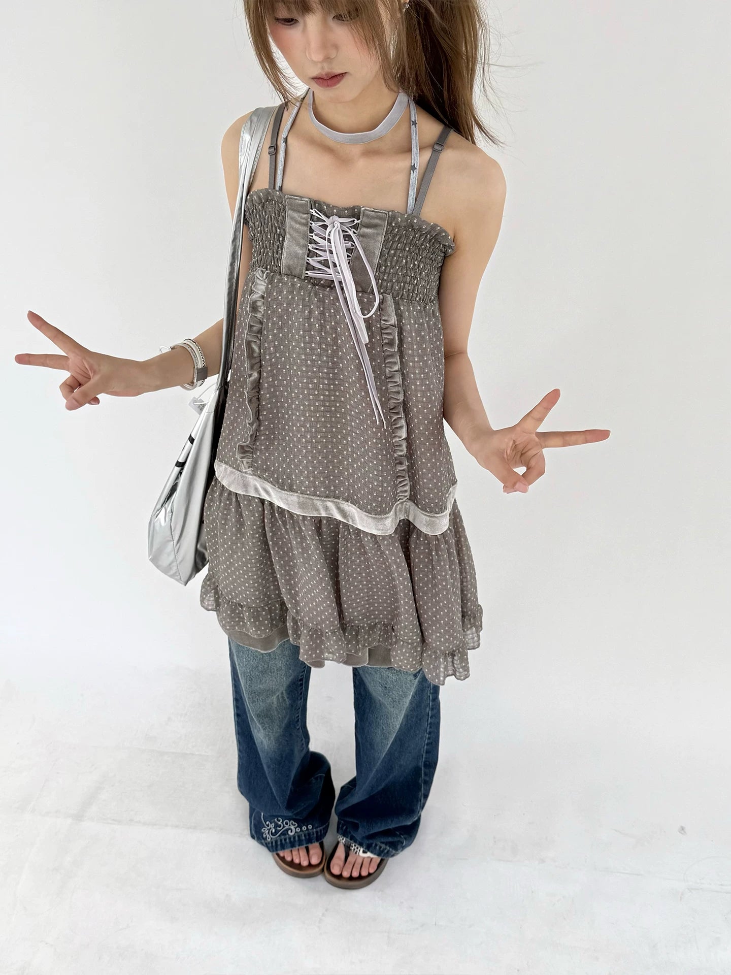 Polka Dot Patchwork Spaghetti Strap Dress