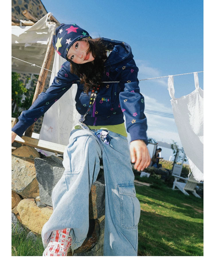Star Print Fleece Zipper Hoodie