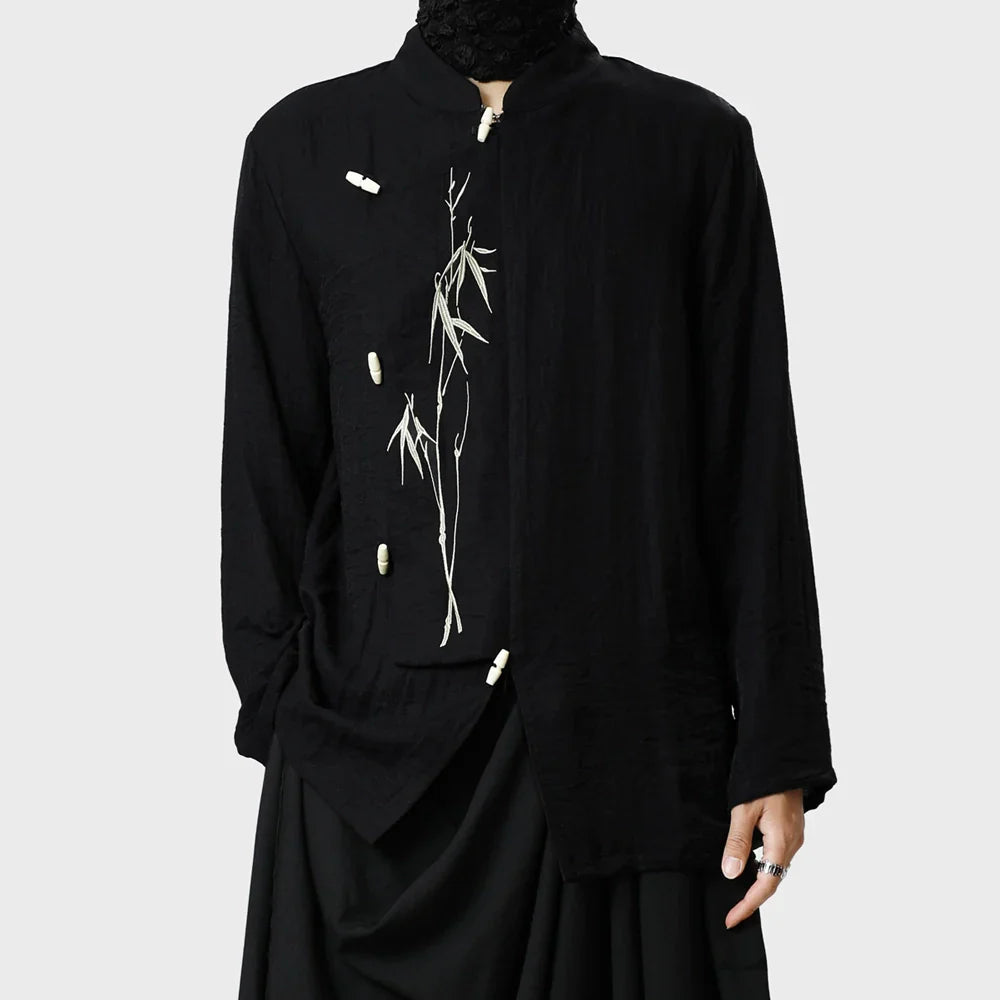 Standing-Collar Asymmetrical Embroidery Long Sleeve Shirt