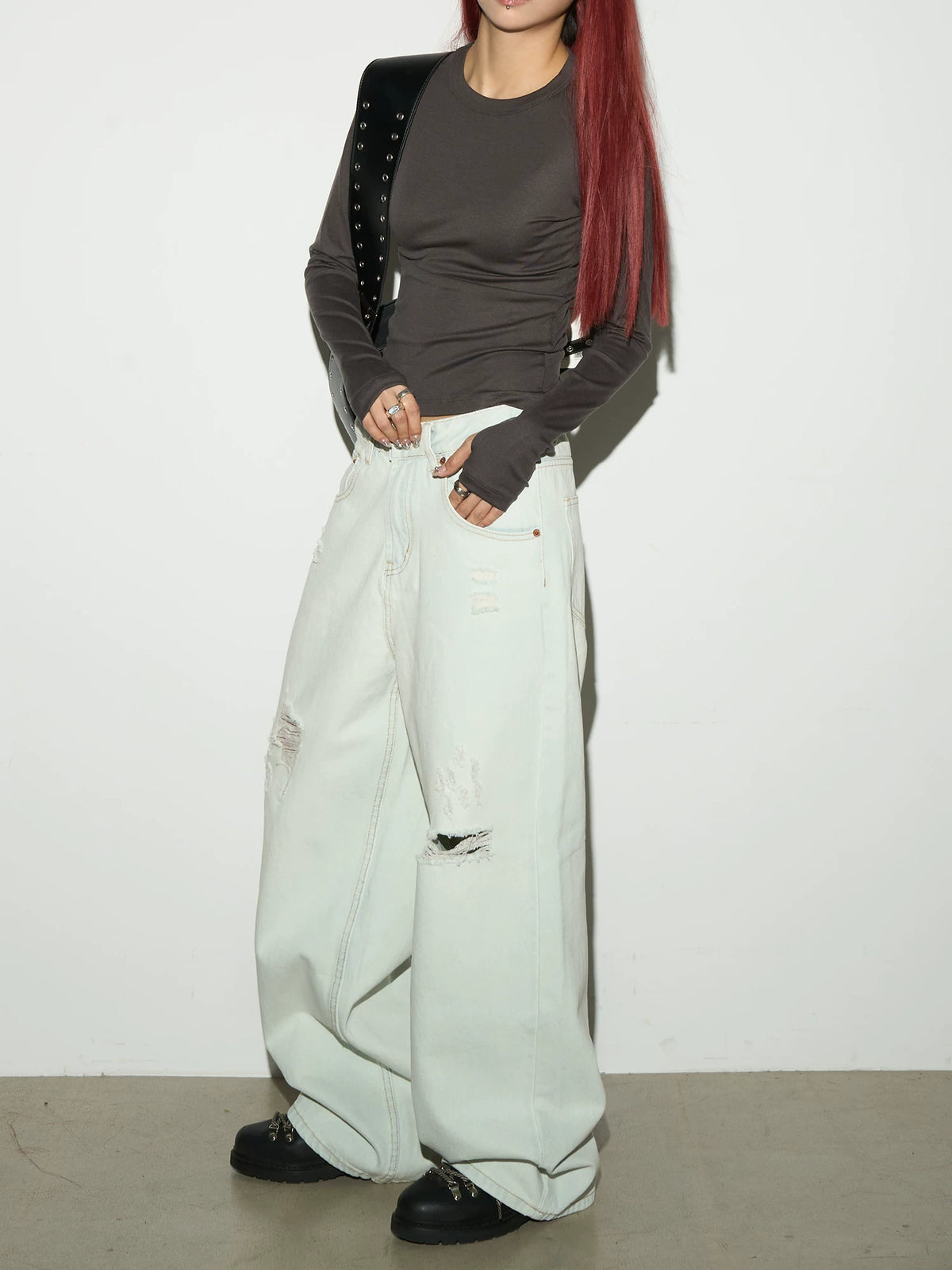 Damage Washed Wide Leg Denim Jeans