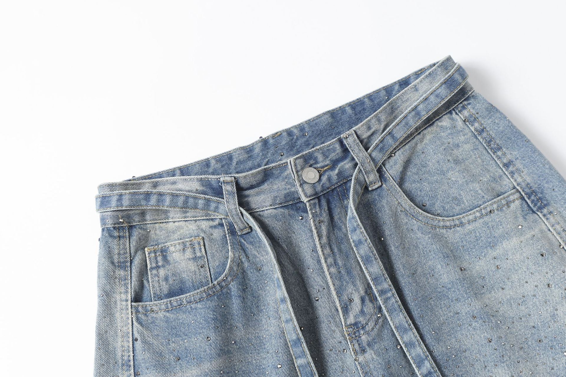 Rhinestone Drawstring Wide Leg Denim Jeans