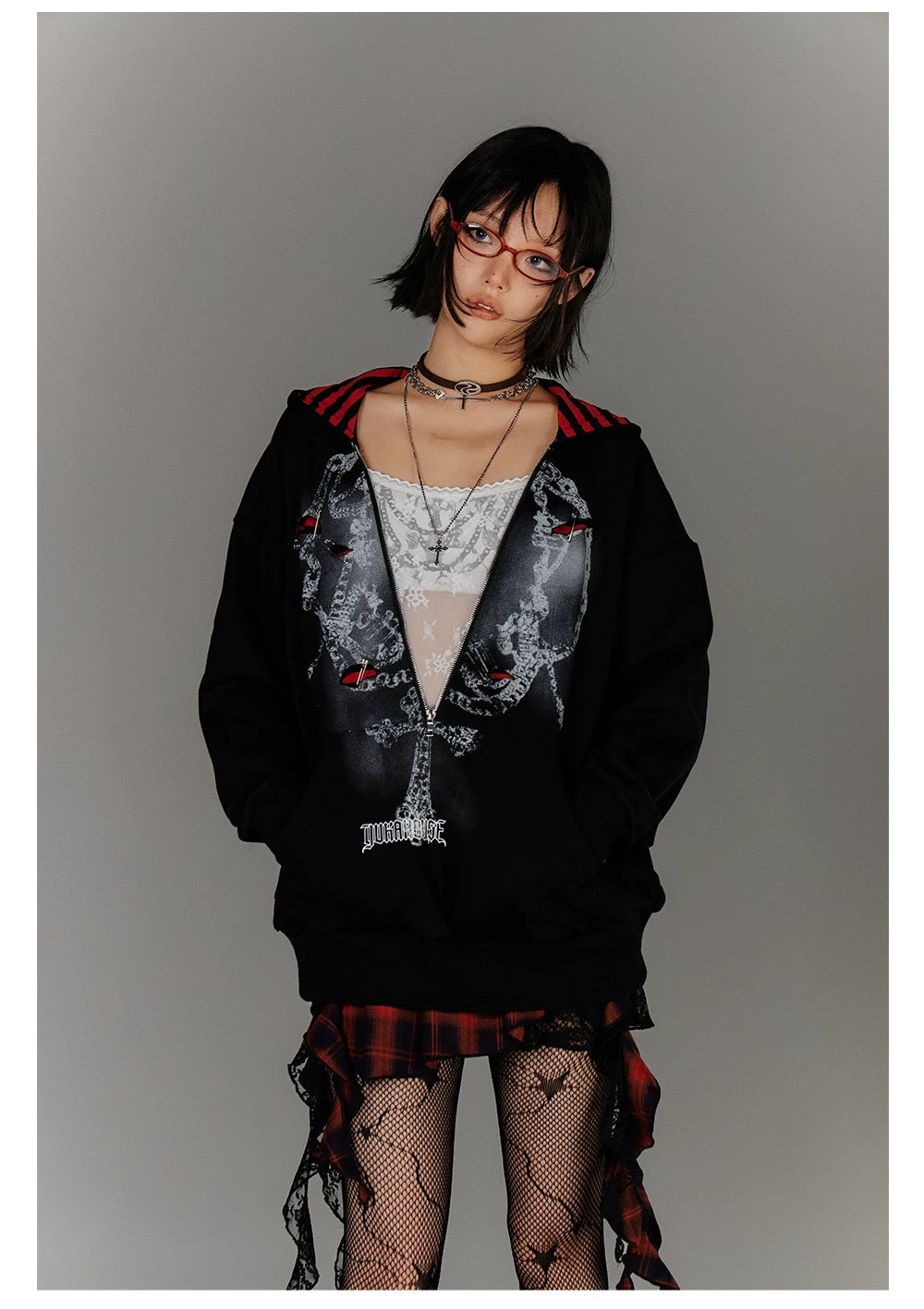 Fake Layered Zipper Stripe Oversize Pullover Hoodie