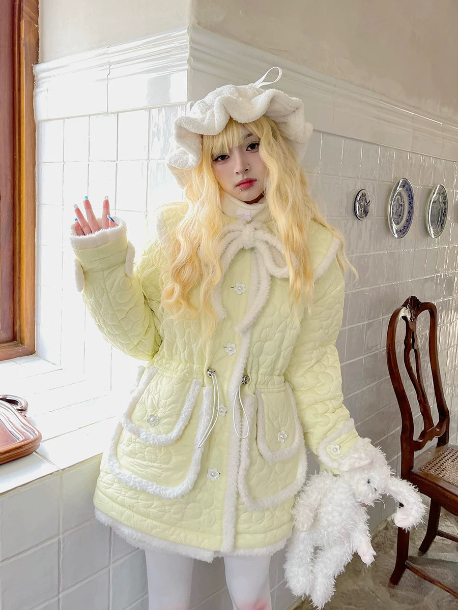 Flower Plush Bow Tie Puffer Jacket