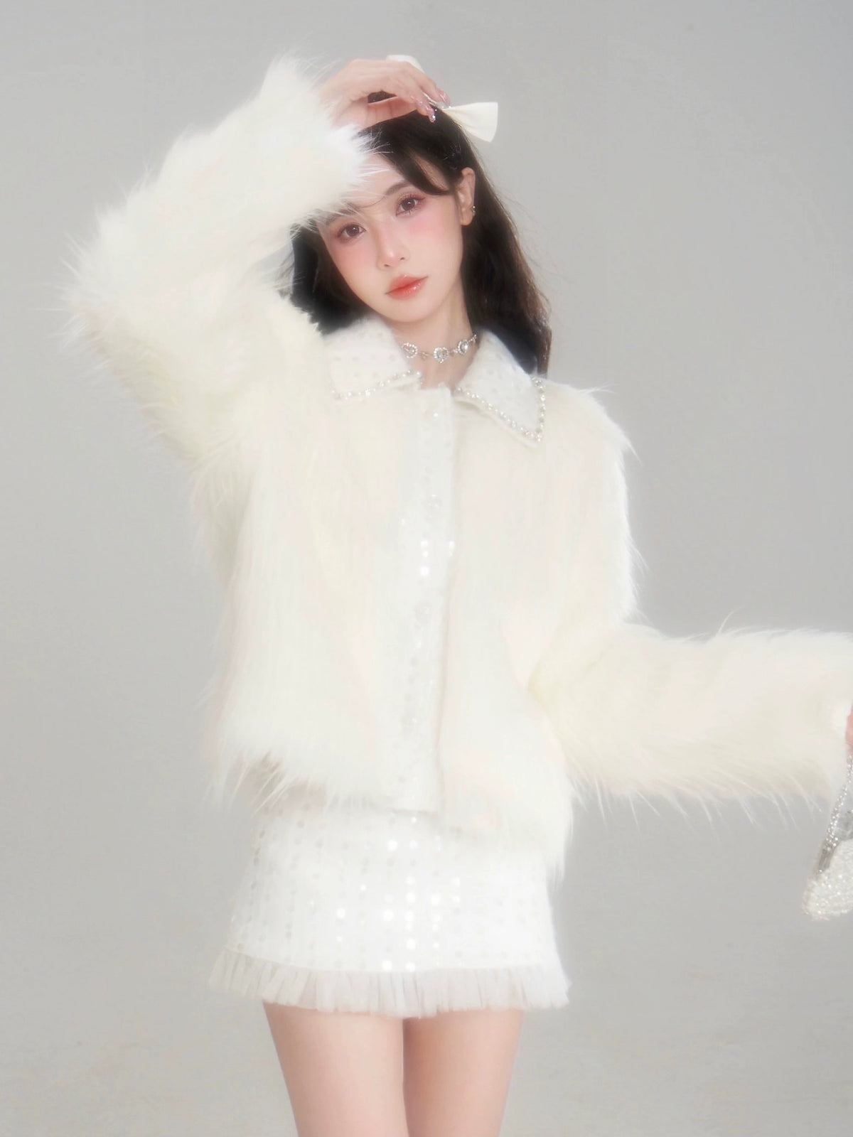 Eco Fur Warm Jacket & Short Skirt & Long Skirt Setup