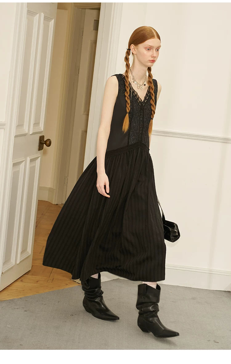 V-Neck Lace Stripe Splicing Sleeveless Long Dress