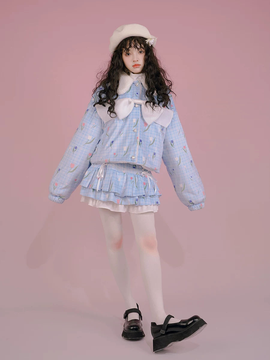 Flower Print Bow Fleece Lining Puffer Jacket