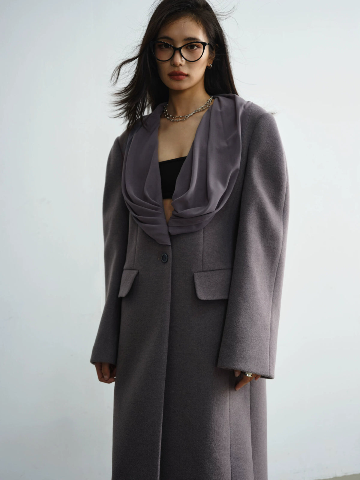 Collar Design Wool Long Coat With Scarf