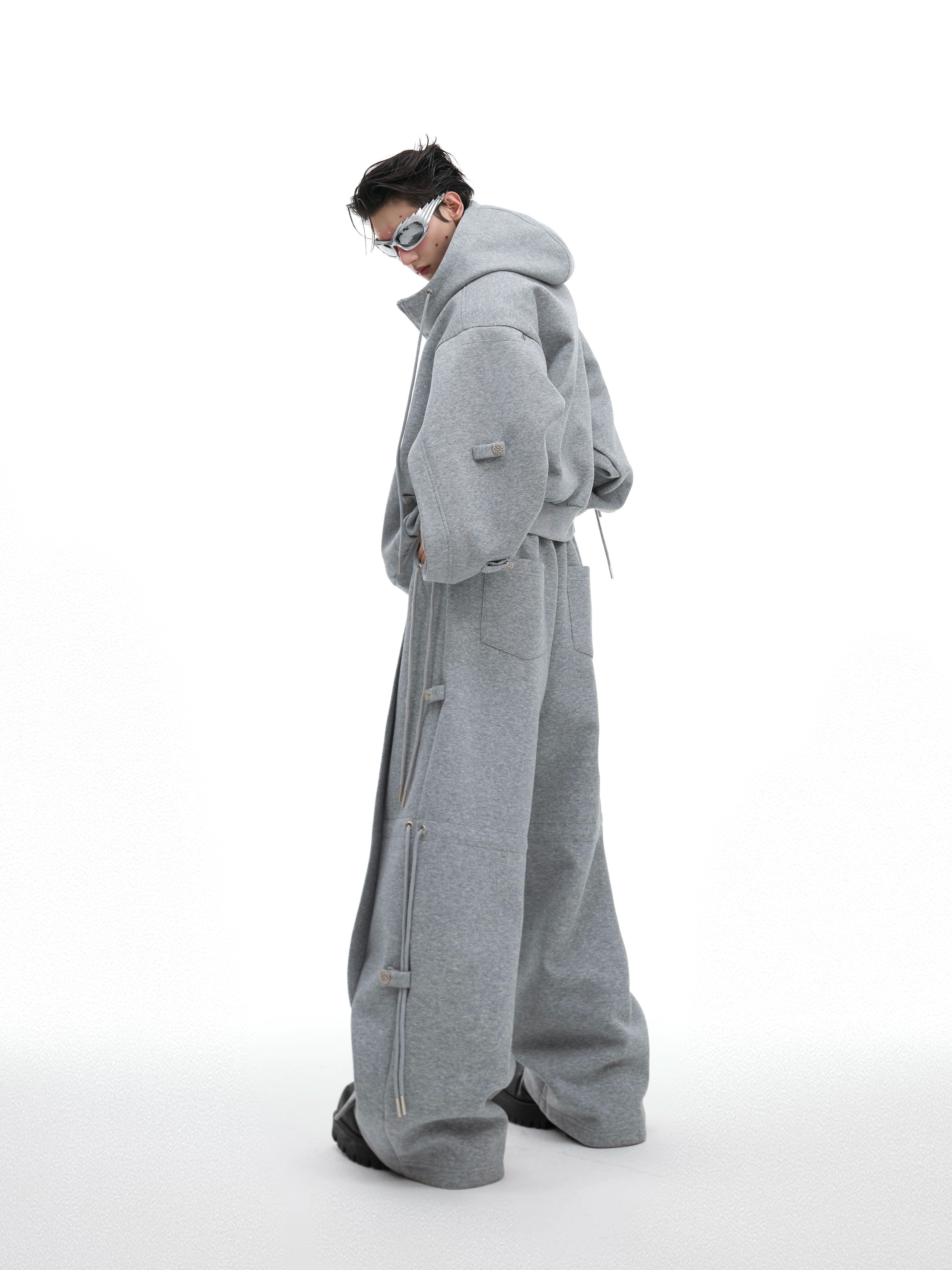Drawstring Design Oversize Zipper Hoodie & Wide Leg Sweatpants Setup