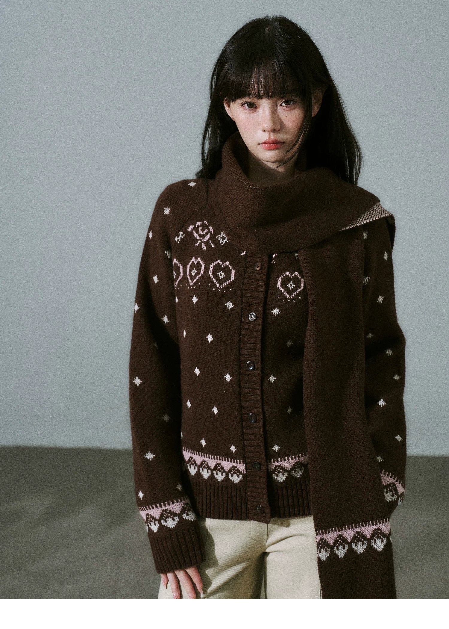 Fair Isle Pattern Wool Blend Scarf Knit Cardigan